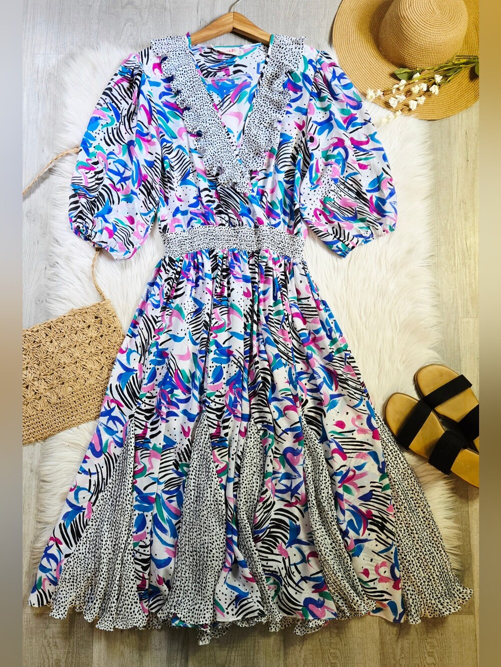 Vintage Assorti Multi Colored Print Midi Dress Flowy Made in USA
